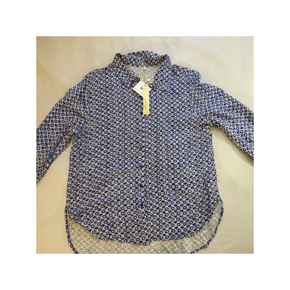 Grand & Greene Women Blue White Printed Blouse Top Size L Short Sleeve NWT